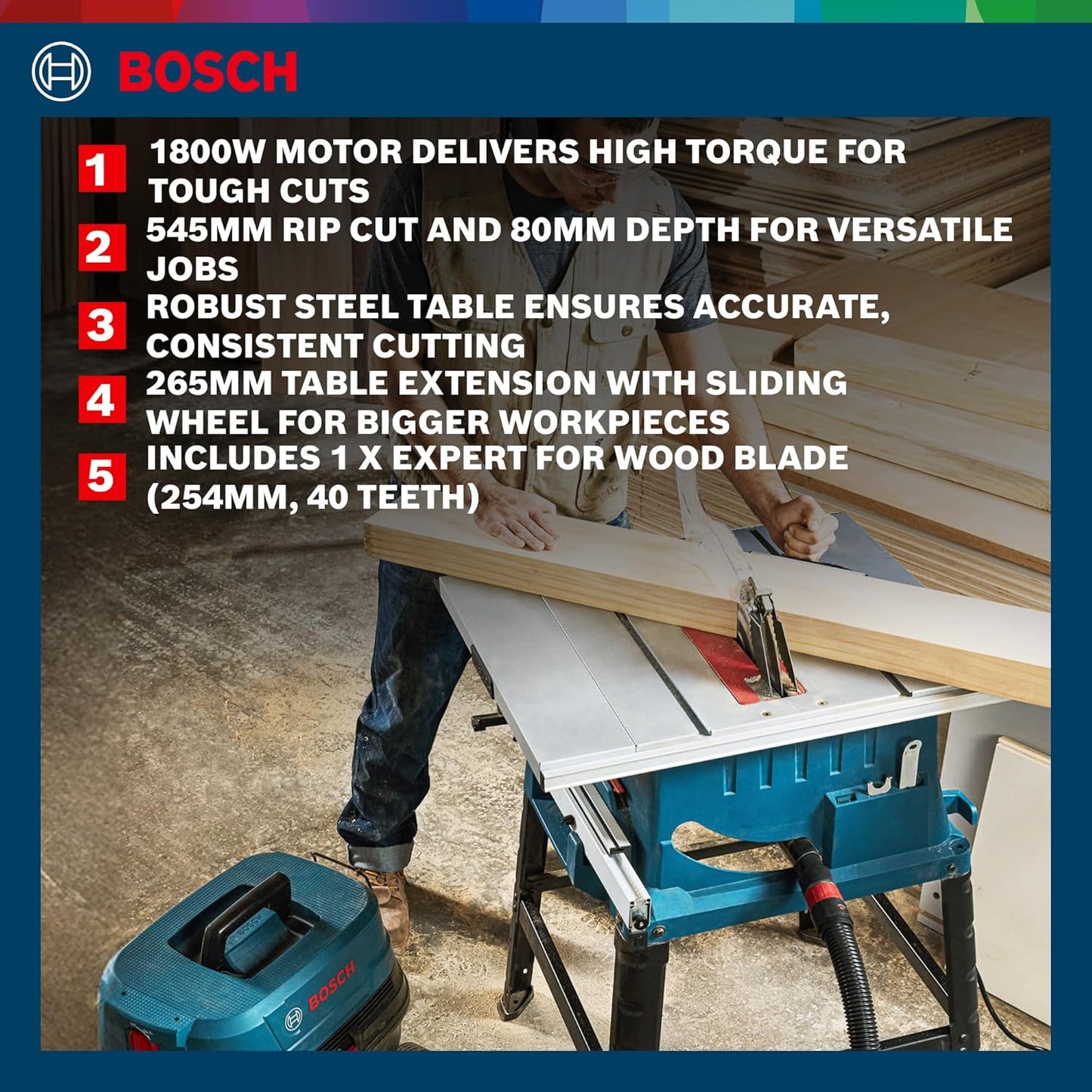 Bosch GTS 254 Corded Electric Table Saw, 1,800W, 254 mm Saw Blade Dia, 4,300 rpm, Metal Stand, Meter Gauge, Dust Extraction, 24.4 Kg + 1 Expert for Wood Circular Saw Blade, 1 Year Warranty