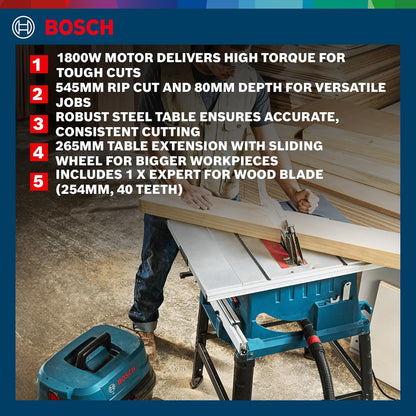 Bosch GTS 254 Corded Electric Table Saw, 1,800W, 254 mm Saw Blade Dia, 4,300 rpm, Metal Stand, Meter Gauge, Dust Extraction, 24.4 Kg + 1 Expert for Wood Circular Saw Blade, 1 Year Warranty