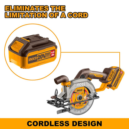 INGCO Cordless Circular Saw, With Battery & Charger, Brushless Motor, 4800 RPM, 185 MM Blade Diamater