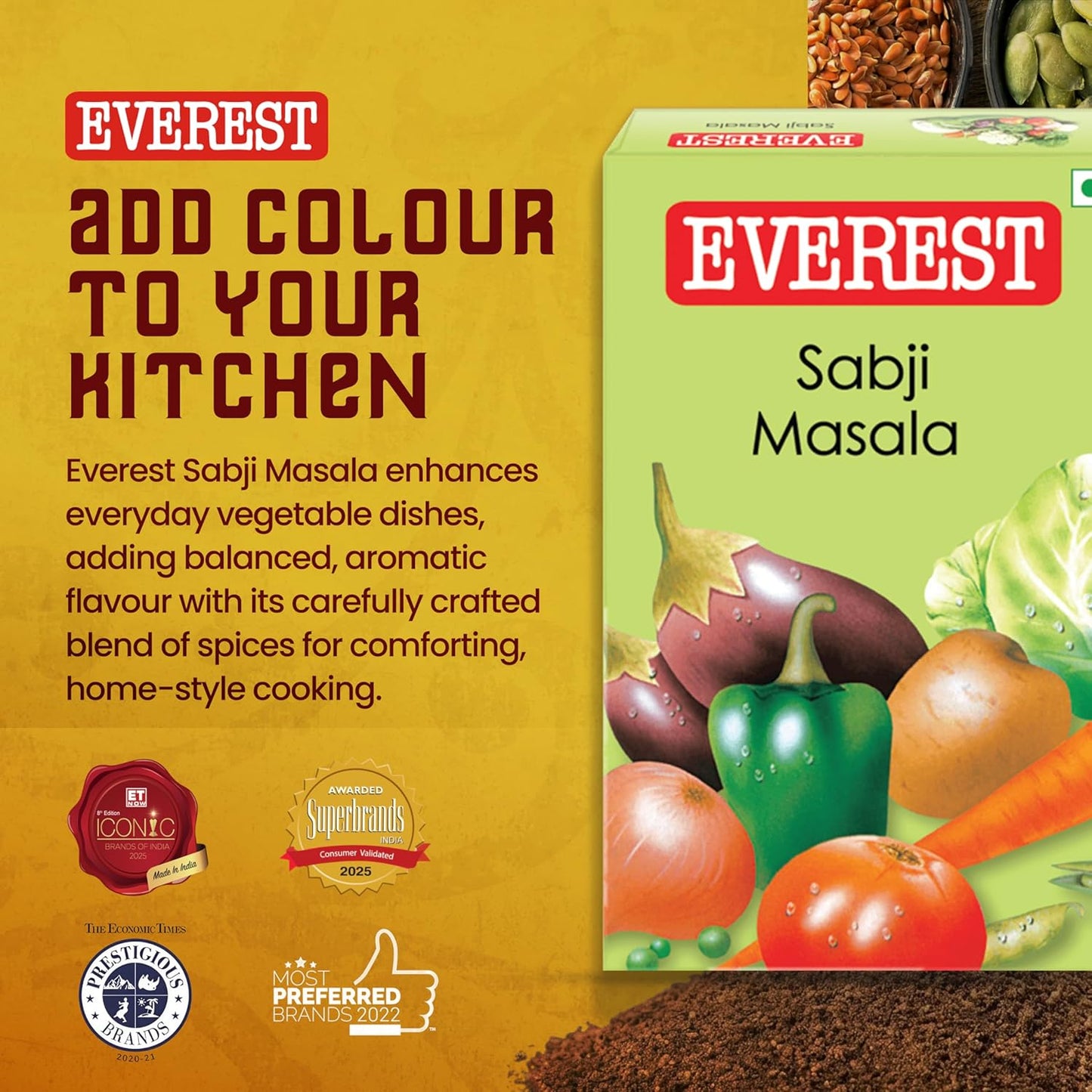 Everest Sabji Masala – 100g | Subtle, Aromatic Blend for Flavourful Vegetable Curries | Balanced Spice Mix for Everyday Indian Sabzi & Home Cooking