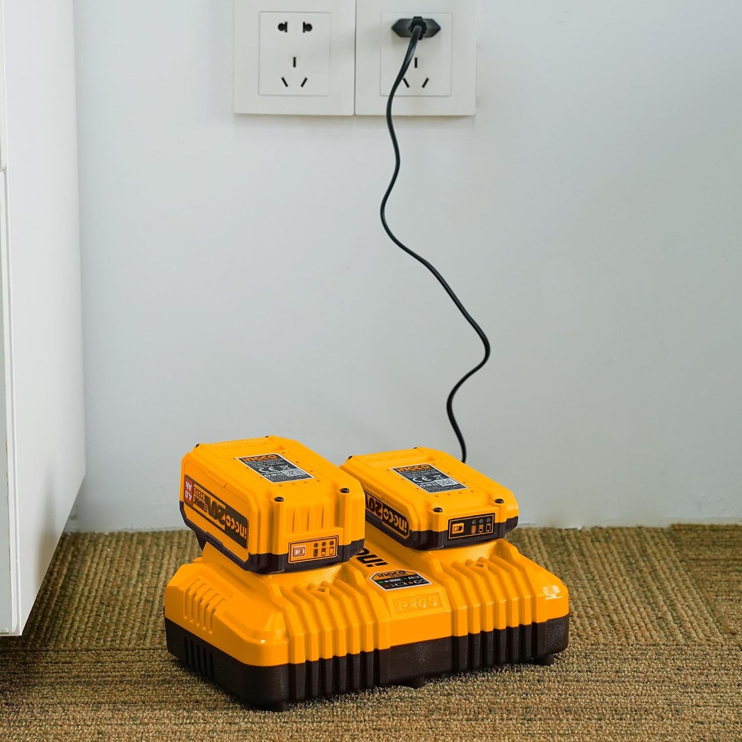 INGCO 20V Battery Charger, Accepts up to 2pcs P20S Battery Packs, Dual Active Battery Ports for simultaneously Charging