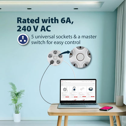 Havells Wheel Star 5X 5+1 Round Extension Board | Overload, Over Current & Over Voltage Protection | 1.5 Mtr Copper Wire | ISI Certified Wire & Plug | Universal 3 Pin 5 Sockets | LED Indicator | Home & Office Use