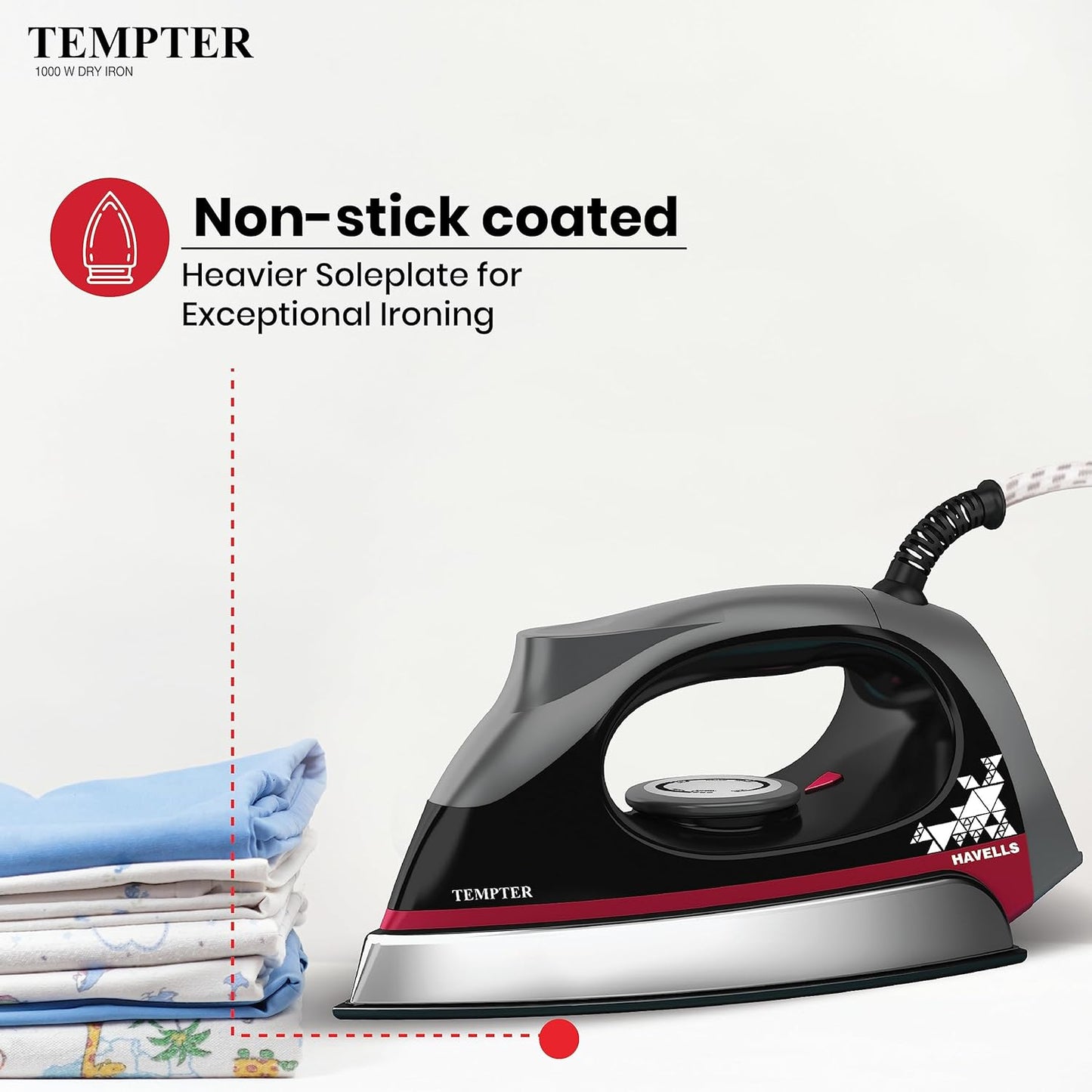 Havells Abs Tempter 1000 Watts Dry Iron Press With Greblon E2 Grade Non-Stick Coated Sole Plate Aerodynamic Design With Shock Proof Front 2 Year Warranty