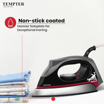 Havells Abs Tempter 1000 Watts Dry Iron Press With Greblon E2 Grade Non-Stick Coated Sole Plate Aerodynamic Design With Shock Proof Front 2 Year Warranty