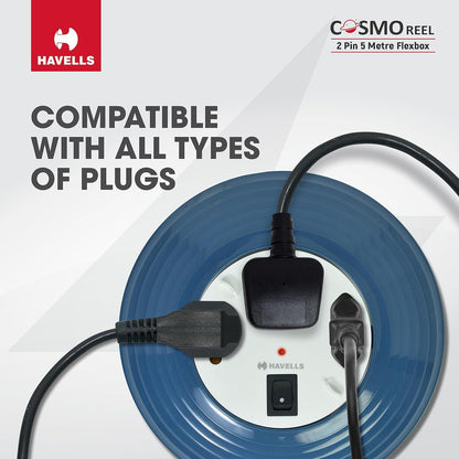 Havells Cosmo Reel| Extension Board - 5 Mtr ISI Marked Cable|3 Pin & 2x2 Pins Universal Sockets with Master Switch| LED Indicator| 6A,1440 Watts, 240 Volts| Ultra-Smooth Rotation, Blue