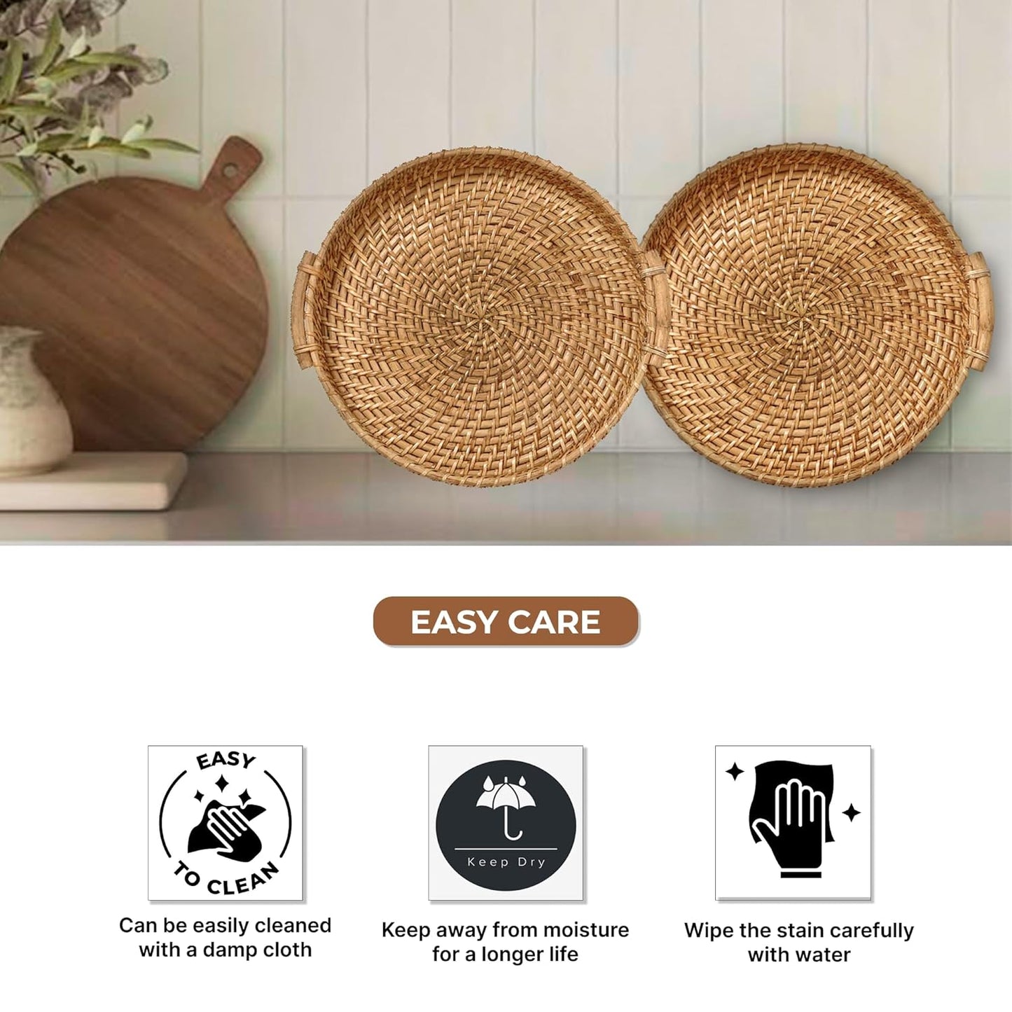 UdrCrafts®  All the Cultures Fabricating India Bamboo Cane Serving Tray | Serveware for Dining Table | Rattan Tea Tray | Wooden Trays for Decoration - Round, Brown (Dia-31 x H8 cm)