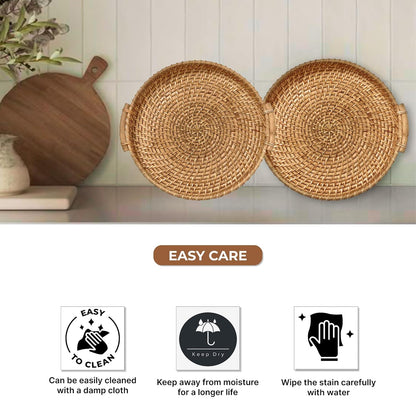 UdrCrafts®  All the Cultures Fabricating India Bamboo Cane Serving Tray | Serveware for Dining Table | Rattan Tea Tray | Wooden Trays for Decoration - Round, Brown (Dia-31 x H8 cm)