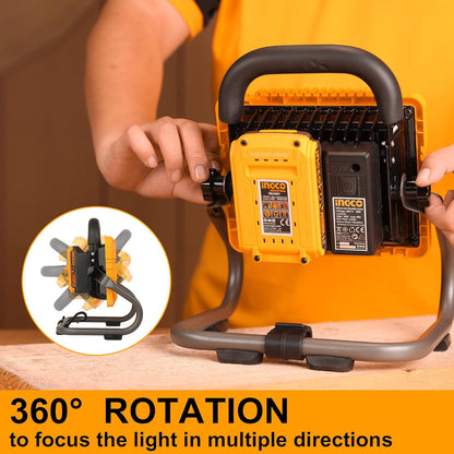 INGCO 20V Lithium-ion LED Work Light 20W Portable Jobsite Light 1800Lm Max, Construction site Floodlight 2 Settings 360° Adjustable with Battery and Charger for Auto-Repair, Camping CWLI20258