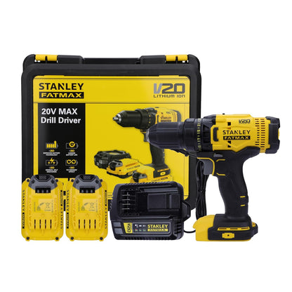 STANLEY FATMAX SCD700D2K 20V 13 mm Reversible Cordless Brushed Drill Machine Driver With 2x2.0Ah Li-ion Batteries, 1pc Charger, 2 Speed Gearbox & LED Worklight, 2 Year Warranty, YELLOW & BLACK