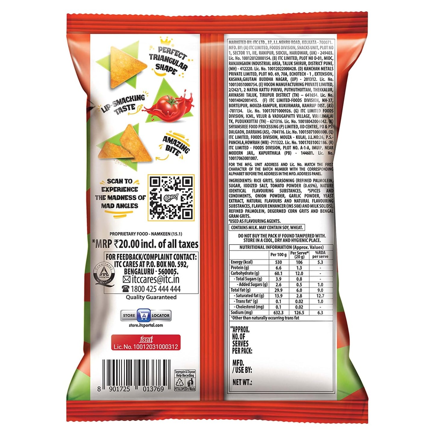 Bingo! Mad Angles Tomato Madness | Tangy & Crispy Tomato Flavoured Corn-Based Triangle Chips| Pack for Snacks - 64g/60g( weight May Vary)