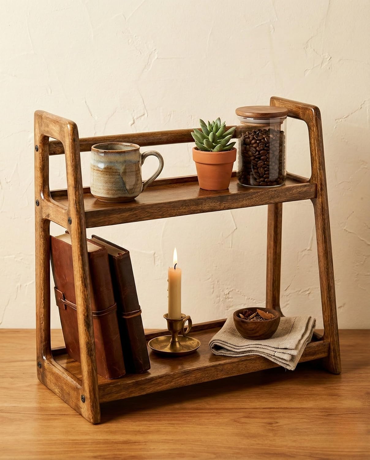 Udaipur Handicrafts Wood 2-Tier Kitchen Rack Organizer Shelf | Handcrafted Wooden Spice Rack Countertop Pantry Shelf Stand | Multipurpose Kitchen Counter Organizer (45x20x40 cm)
