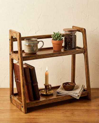 Udaipur Handicrafts Wood 2-Tier Kitchen Rack Organizer Shelf | Handcrafted Wooden Spice Rack Countertop Pantry Shelf Stand | Multipurpose Kitchen Counter Organizer (45x20x40 cm)