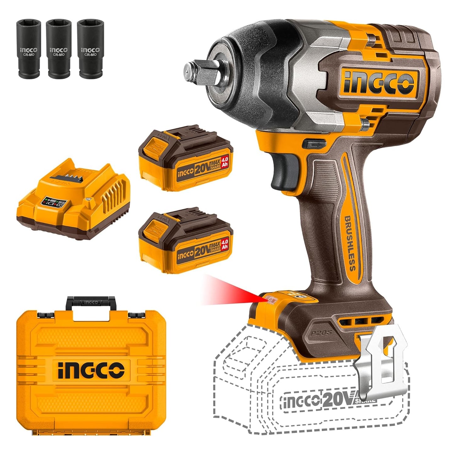 Ingco Cordless Impact Wrench 1/2 Inch, Brushless Motor, Nut-Busting Torque 1000Nm, 20V Battery Impact Gun with 2 PCS 4.0 Ah Battery Packs and Charger