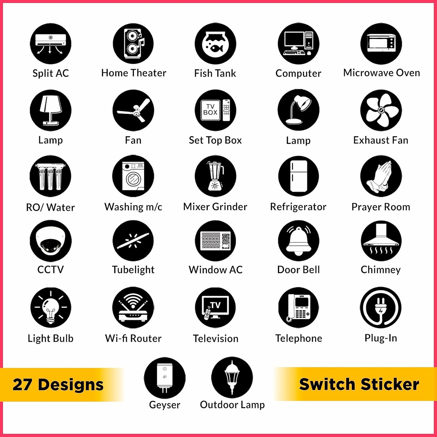 Akshar Arts Bhuwana Switch Board Stickers Black and White | Switch Id Sticker Vinyl Labels 3-A4 Sheets for Electric Board Appliances Including 27 Designs in Total 495 Stickers for Switches, Self Adhesive
