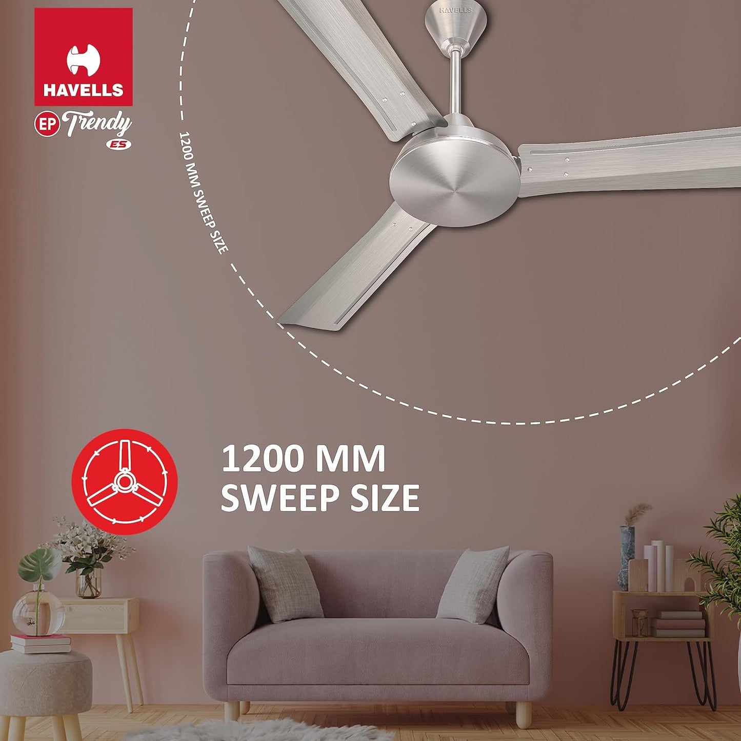 Havells 1200Mm Ep Trendy Energy Saving Ceiling Fan (Brushed Nickel, Pack Of 1), Brown, 1 Star