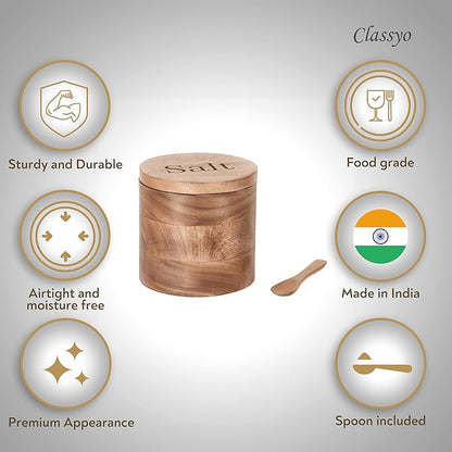 Udaipur Handicrafts Wooden Salt Container with Spoon, Salt Jar for Kitchen, Airtight Box (5 inch x 5 inch)