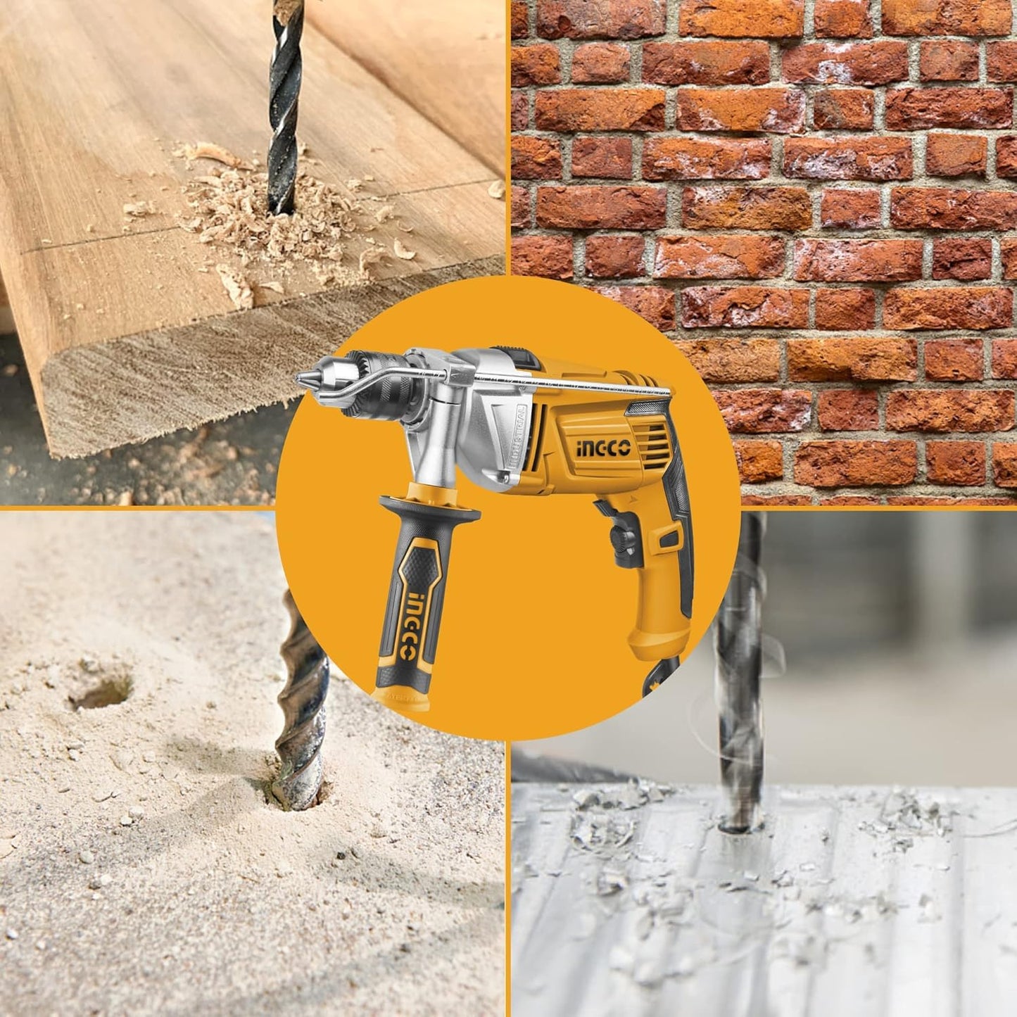 INGCO Impact Drill, 1100W,2800rpm,13mm Hammer Drill Machine, Aluminum Gear Box, Variable Speed Corded Drill Machine, Froward/Reverse Switch Electric Drill with Depth Gauge for Home Construction Concrete