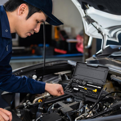 STANLEY STMT82672-0 1/4" 37-PIECE Chrome Compact Socket Set, Comes with Heavy-Duty Plastic Case, Ideal for Home, DIY, Industrial & Professional Use, Used for Screwing & Tightening Applications, BLACK