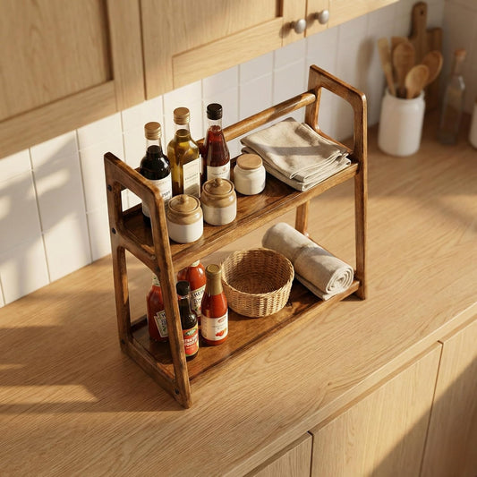 Udaipur Handicrafts Wood 2-Tier Kitchen Rack Organizer Shelf | Handcrafted Wooden Spice Rack Countertop Pantry Shelf Stand | Multipurpose Kitchen Counter Organizer (45x20x40 cm)