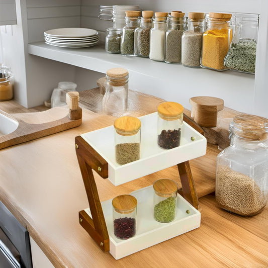 Udaipur Handicrafts  Triangluar Countertop Spice Rack | Kitchen Counter Top Organizer | 2-Tier Kitchen Storage Organizer Tiered Shelf| Jars And Bottle Holder & Kithen Decor Item