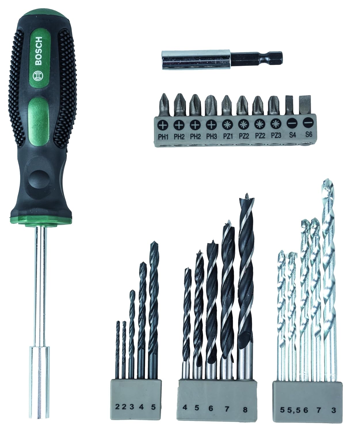 Bosch Drill Bits And Screwdriving Bits Set, 27 Piece, X-Line Green, With Masonry Bits, Metal Drill Bits, Wood Drill Bits, Screwdriver Bits And A Hand Screwdriver
