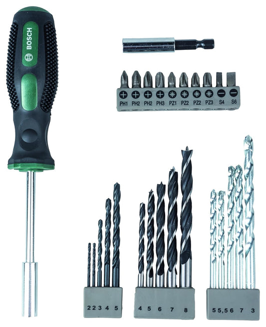 Bosch Drill Bits And Screwdriving Bits Set, 27 Piece, X-Line Green, With Masonry Bits, Metal Drill Bits, Wood Drill Bits, Screwdriver Bits And A Hand Screwdriver