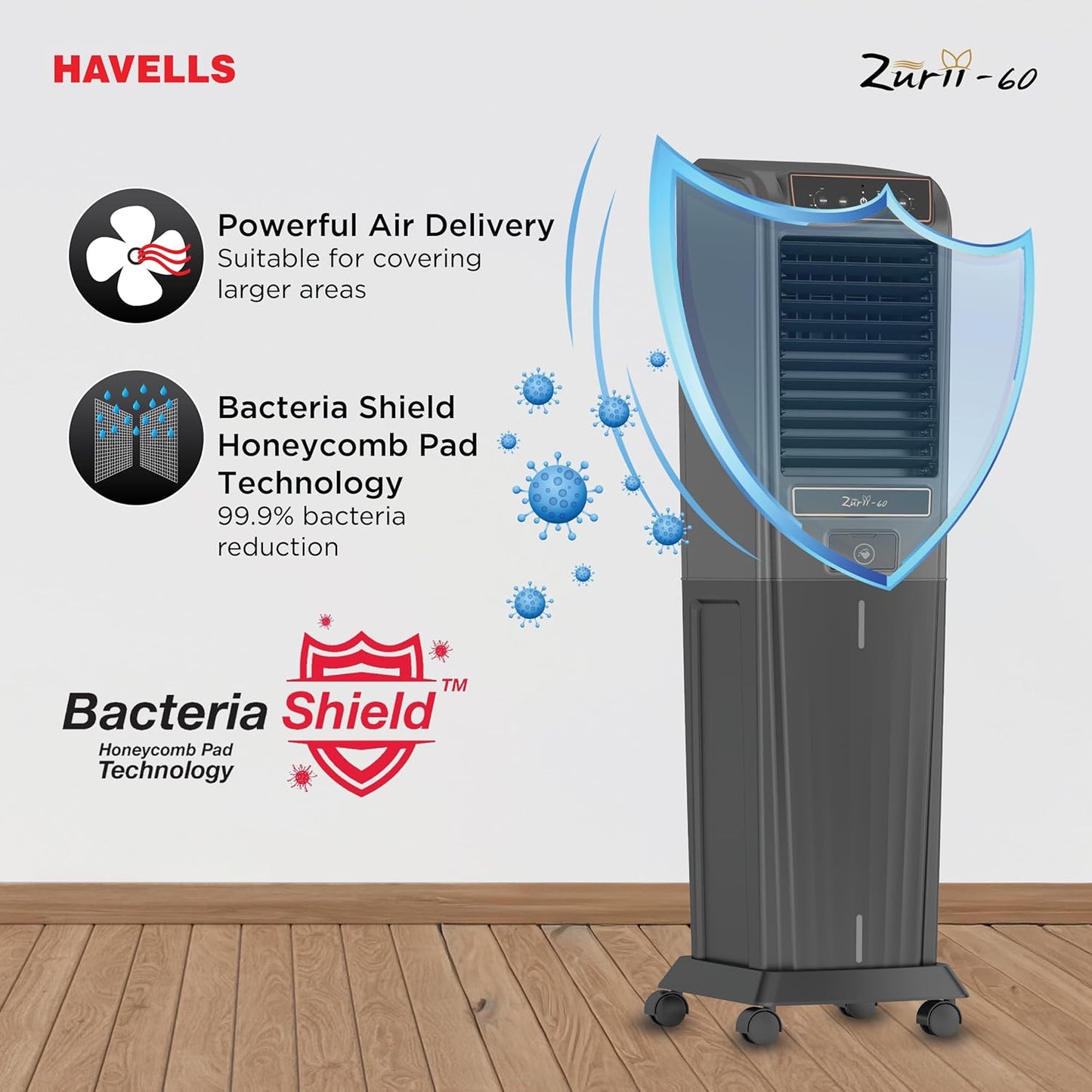 Havells Zurii 60 L Tower Air Cooler for Room|With Remote & Electronic Panel|Fully Collapsible louvers|Low Water Alarm|Dust Filter Net|Timer Function|Bacteria Shield Honeycomb Pads|Dry Run Protection