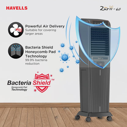 Havells Zurii 60 L Tower Air Cooler for Room|With Remote & Electronic Panel|Fully Collapsible louvers|Low Water Alarm|Dust Filter Net|Timer Function|Bacteria Shield Honeycomb Pads|Dry Run Protection