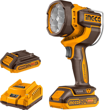 Ingco 20V Lithium-Ion Cordless Torch 2000 Lumens, 3 Mode Settings, Adjustable Head, Hands-Free Design Handheld Work Lamp with 1Pcs 2.0Ah Battery and Charger CWLI20881