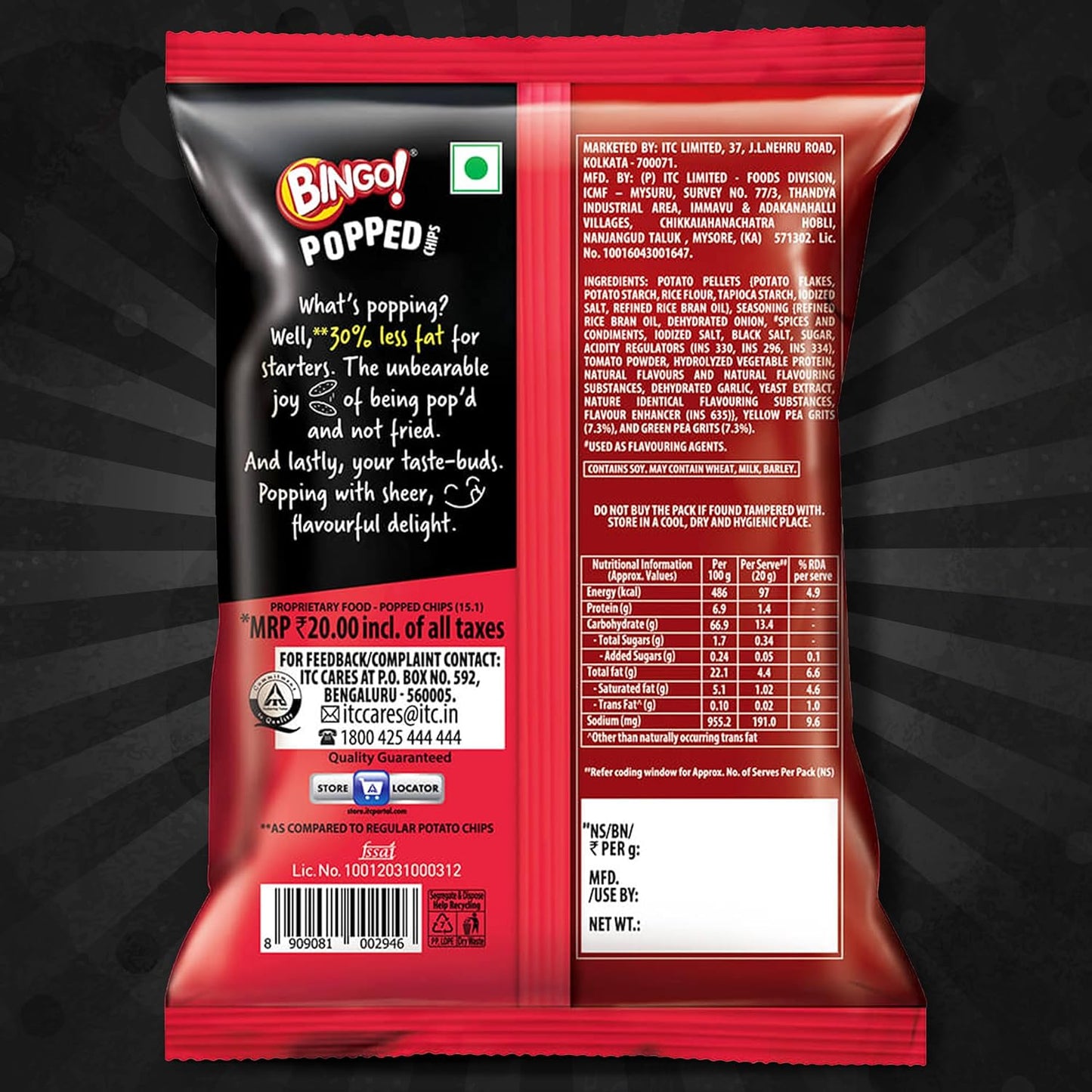 Bingo! Popped Chips - Airy, Crunchy, Zero-Gravity Snacks with 30% Less Fat (Indian Spice Mix Flavour)- Not Fried, Not Baked, Just Popped! - 26.7g/25g(weight May Vary)