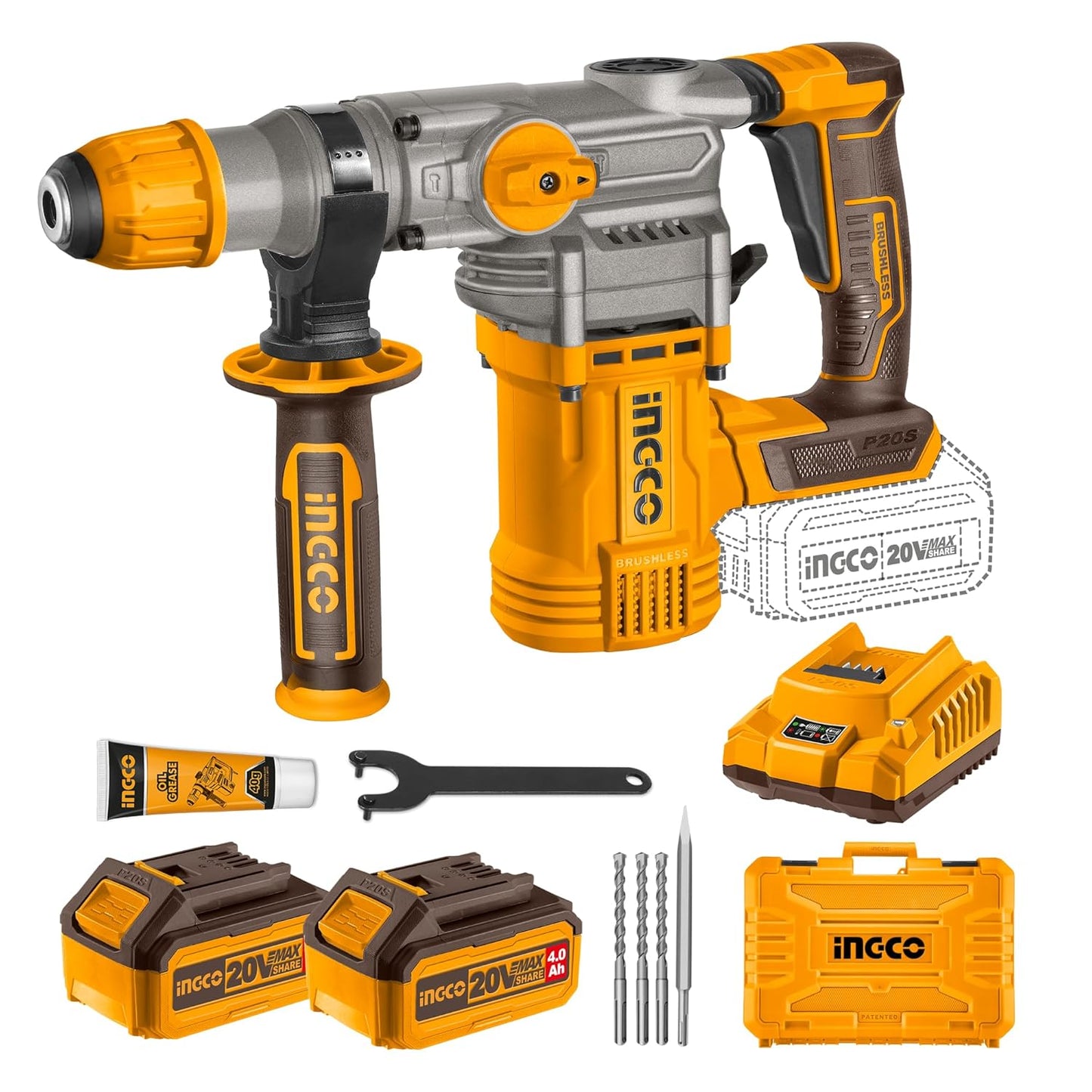 INGCO Lithium-Ion 20V Brushless Rotary Hammer, Φ28 in Concrete, 4.5J, 930RPM, 4400BPM, 3IN1 Function with 2Pcs 4.0Ah Battery and Fast Charger, Packed by Carrying Case