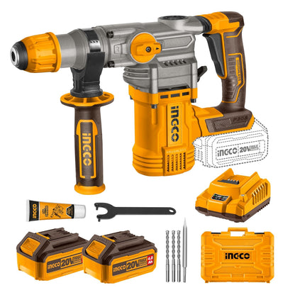 INGCO Lithium-Ion 20V Brushless Rotary Hammer, Φ28 in Concrete, 4.5J, 930RPM, 4400BPM, 3IN1 Function with 2Pcs 4.0Ah Battery and Fast Charger, Packed by Carrying Case