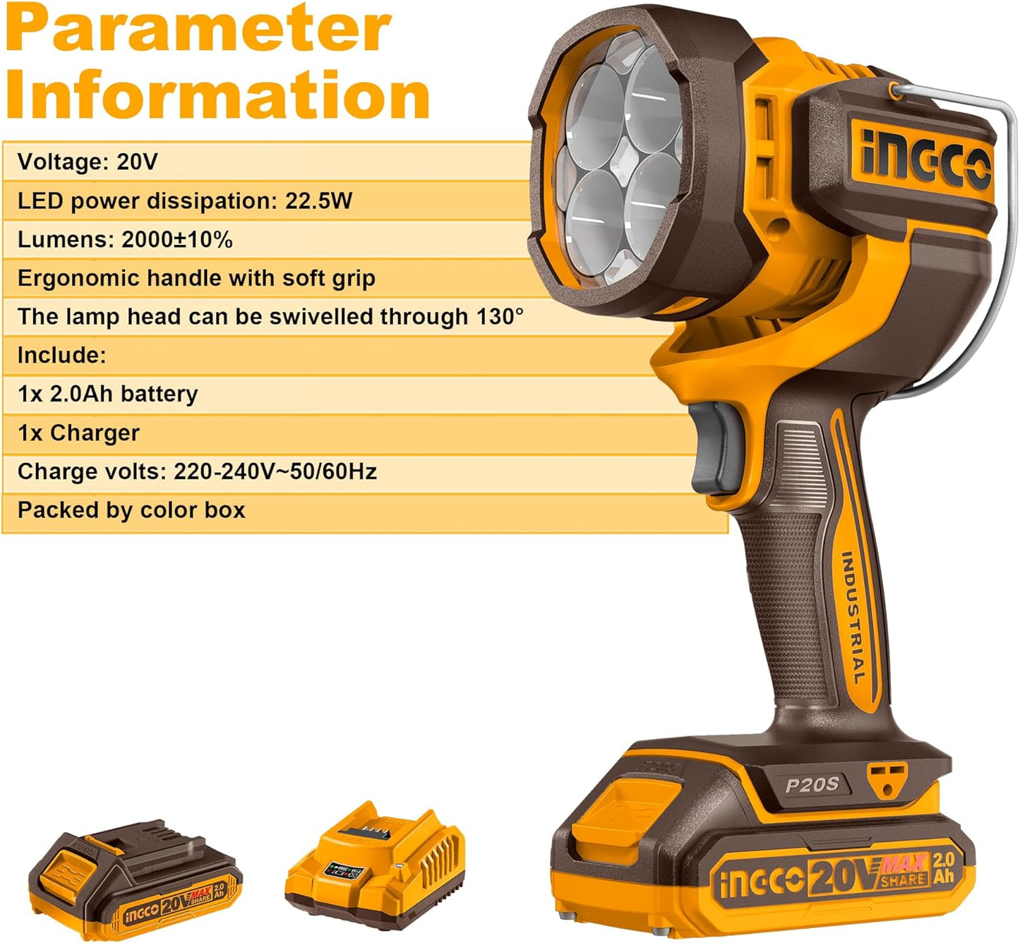 Ingco 20V Lithium-Ion Cordless Torch 2000 Lumens, 3 Mode Settings, Adjustable Head, Hands-Free Design Handheld Work Lamp with 1Pcs 2.0Ah Battery and Charger CWLI20881