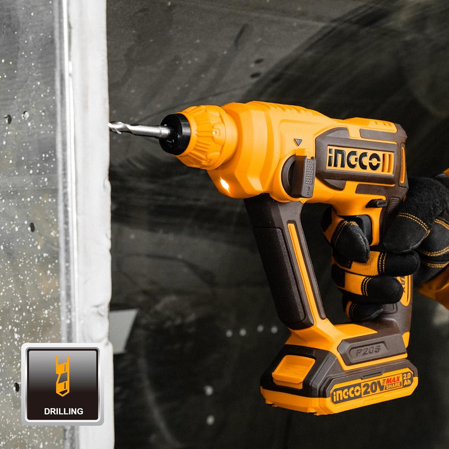 Ingco Cordless Hammer Drill Machine, Battery Hammer Drill Machine With Battery And Drill Bits, Impact Function For Home Use,Multicolour