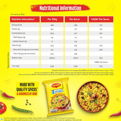 MAGGI 2-Minute Instant Noodles, Favourite Masala Taste, Masala Noodles With Goodness Of Iron, Made With Choicest Quality Spices, 70g/72g/75g Pouch (weight may vary)
