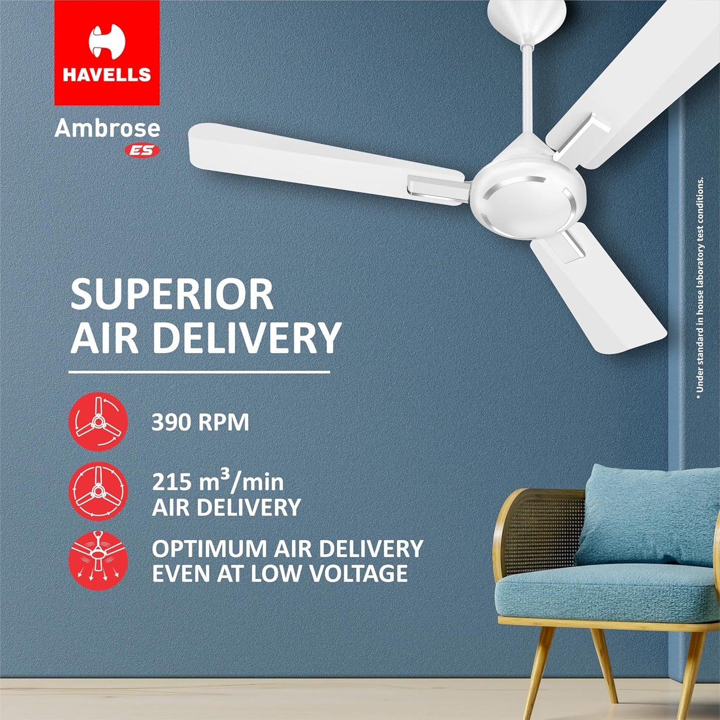 Havells 1200mm Ambrose Energy Saving High Speed Ceiling Fan|Premium Finish, Deco.Fan, Elegant Looks, High Air Delivery, 100% Pure Copper Motor|2 Yr Warranty by Brand | (Pack of 1, Chrome)