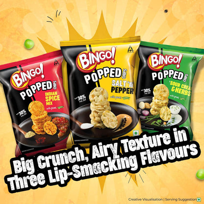 Bingo! Popped Chips - Airy, Crunchy, Zero-Gravity Snacks with 30% Less Fat (Indian Spice Mix Flavour)- Not Fried, Not Baked, Just Popped! - 25g