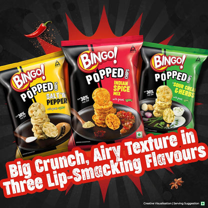 Bingo! Popped Chips - Airy, Crunchy, Zero-Gravity Snacks with 30% Less Fat (Indian Spice Mix Flavour)- Not Fried, Not Baked, Just Popped! - 26.7g/25g(weight May Vary)