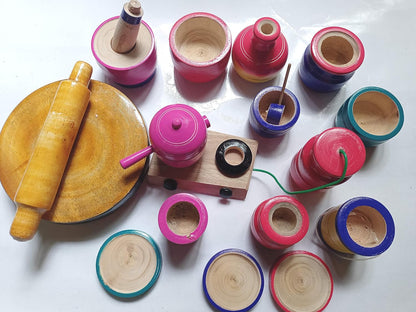 Udaipur HandiCrafts Wood Eco Friendly Wooden Kids Toy Kitchen Set/Choppy Jaman Made in India Kids Gas Stove with Cylinder Combo-Multi Color