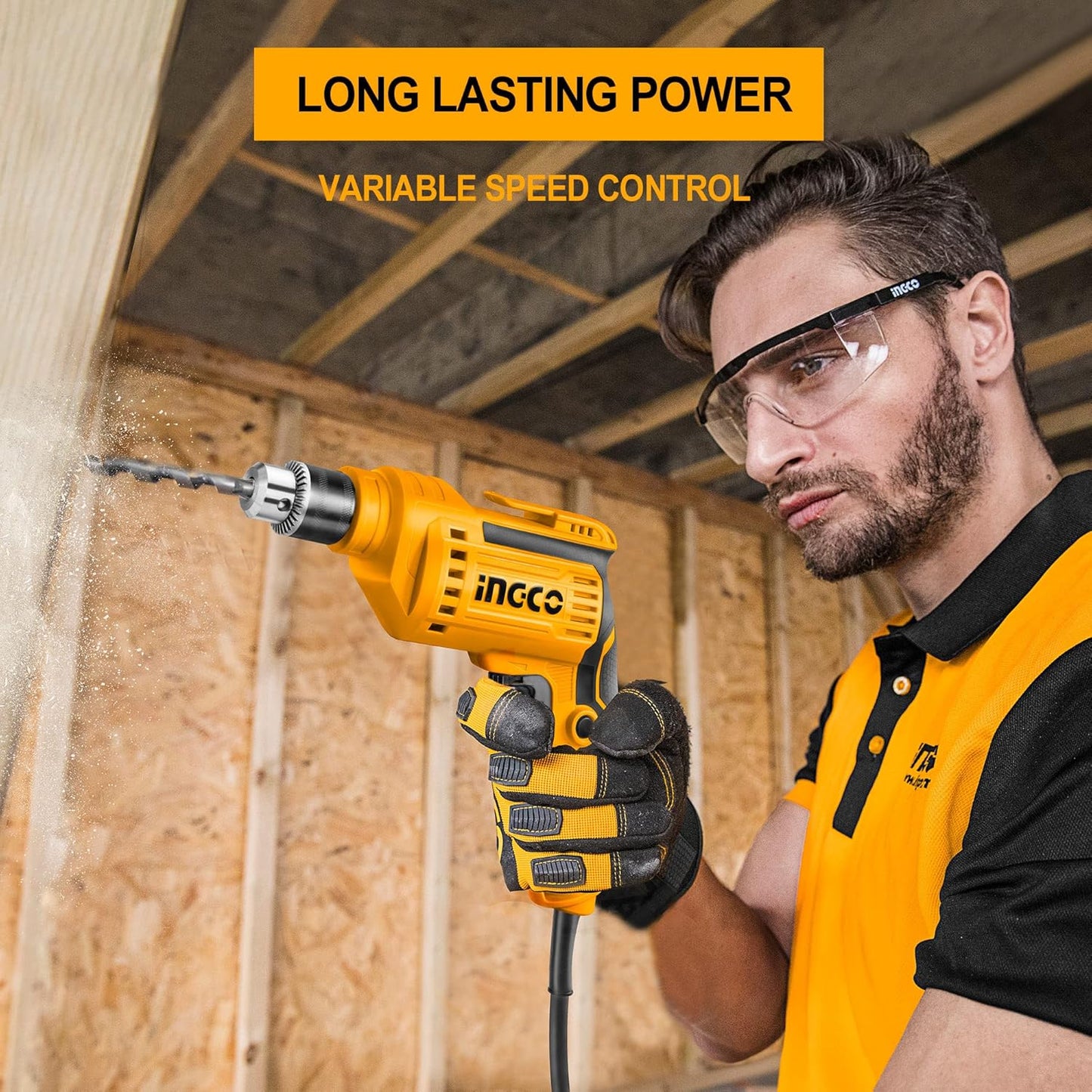 INGCO Electric Drill, 500W and 3300RMP Power Drill, Corded Electric Drill, 1.0-10 millimeters Chuck Capacity Power Drill, Variable Speed, Froward/Reverse Switch, Yellow