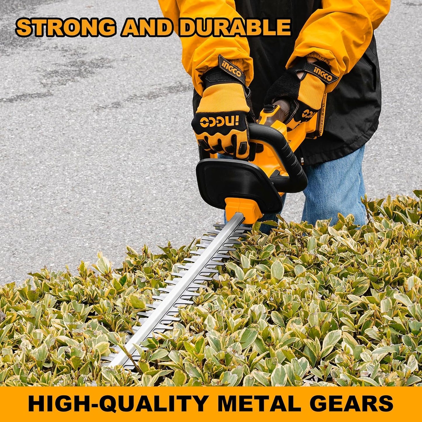 INGCO 20V Cordless Hedge Trimmer - 460mm Laser-Cut Blade, 2800 SPM, Cuts 18mm Branches, Includes 2.0Ah Battery, Charger, Safety Goggles & Gloves - Lightweight Electric Shrub Trimmer