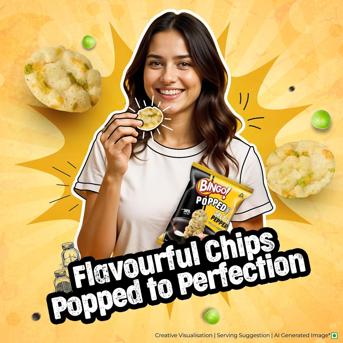 Bingo! Popped Chips - Airy, Crunchy, Zero-Gravity Snacks with 30% Less Fat (Indian Spice Mix Flavour)- Not Fried, Not Baked, Just Popped! - 25g