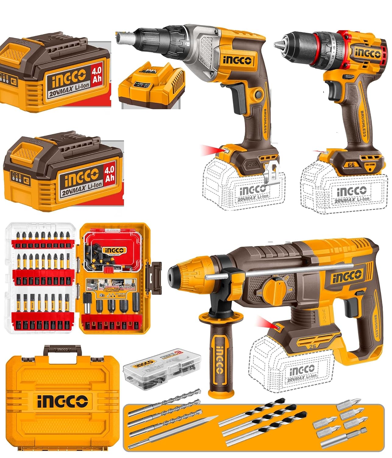 INGCO Compact Brushless Cordless Impact Drill, Cordless Drywall Screwdriver, Cordless Rotary Hammer COSLI250591