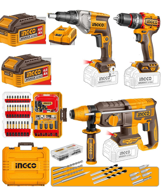INGCO Compact Brushless Cordless Impact Drill, Cordless Drywall Screwdriver, Cordless Rotary Hammer COSLI250591