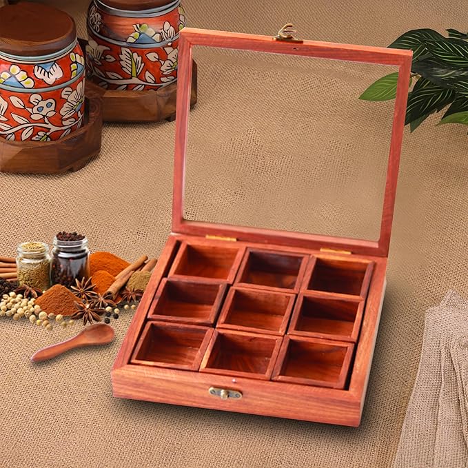 Udaipur Handicrafts Wooden Masala Dabba Spice Containers for Kitchen Storage Spice Box with Spoon Masala Box/Ajaria Petti/Nama Dani (Sheesham Wood, 9-Removable Partitions, Brown)