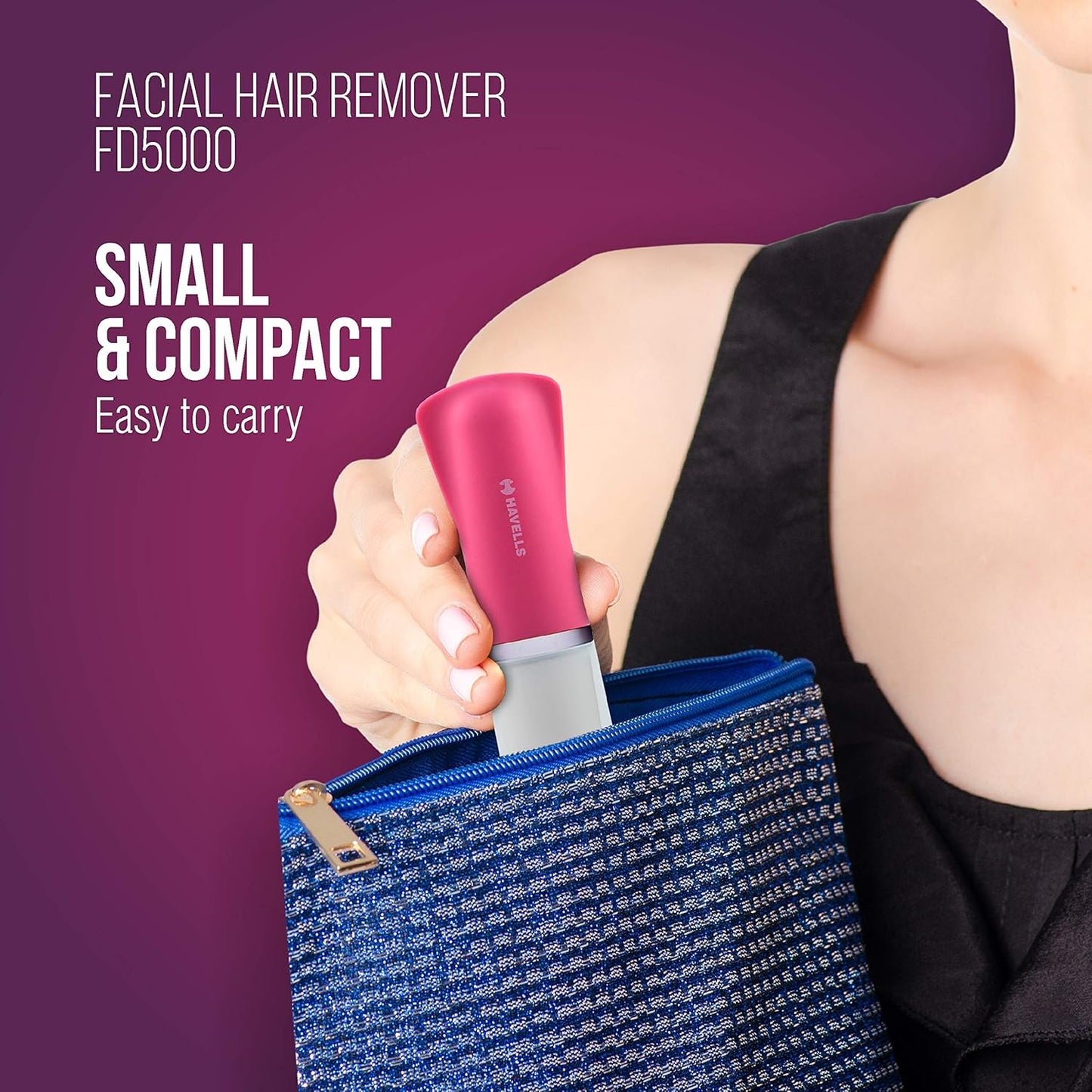Havells Lady Facial Hair Remover | Rotary Blades for Clean and Smooth Touch for Upper Lips, Chin & Cheeks | Wet & Dry Use | Battery Powered | Mirror Included | Hot Pink | FD5000