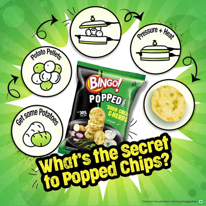Bingo! Popped Chips – Airy, Crunchy, Zero-Gravity Snacks with 30% Less Fat (Sour Creme Flavour) – Not Fried, Not Baked, Just Popped! – 51.2g/48G(weight may vary)
