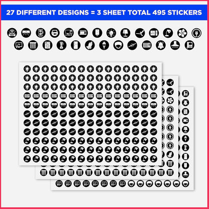 Akshar Arts Bhuwana Switch Board Stickers Black and White | Switch Id Sticker Vinyl Labels 3-A4 Sheets for Electric Board Appliances Including 27 Designs in Total 495 Stickers for Switches, Self Adhesive