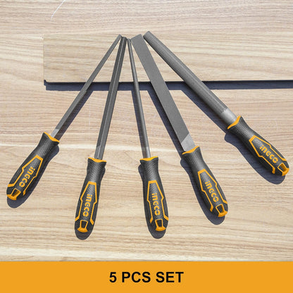 INGCO Steel File Set, 5 Pieces Hand Metal Files, Premium Grade T12 Steel File Set, Includes Flat, Square, Triangular, Round, and Half-Round File