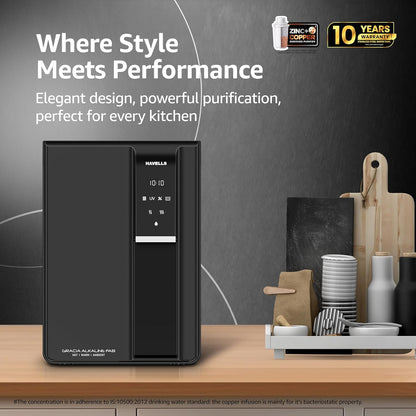 Havells Gracia FAB Alkaline Water Purifier (Black), RO+UV+Alkaline, Hot, Warm & Ambient Water, Copper+Zinc+Minerals, 9 Stage Purification, 6.5L SS Tank, Suitable for Borewell, Tanker & Municipal Water